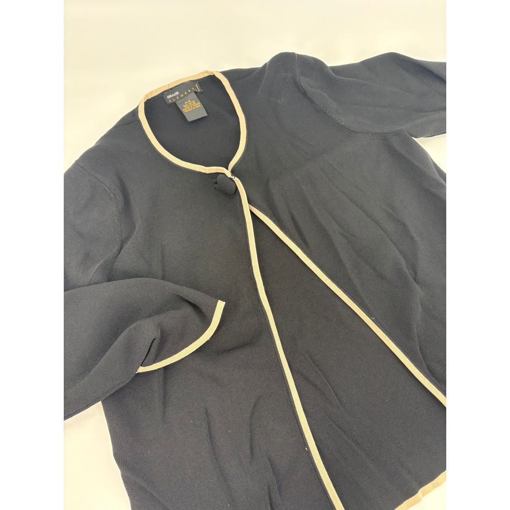 Grace Elements Petite Black Knit Cardigan Beige Trim Button Front 3/4 Sleeve